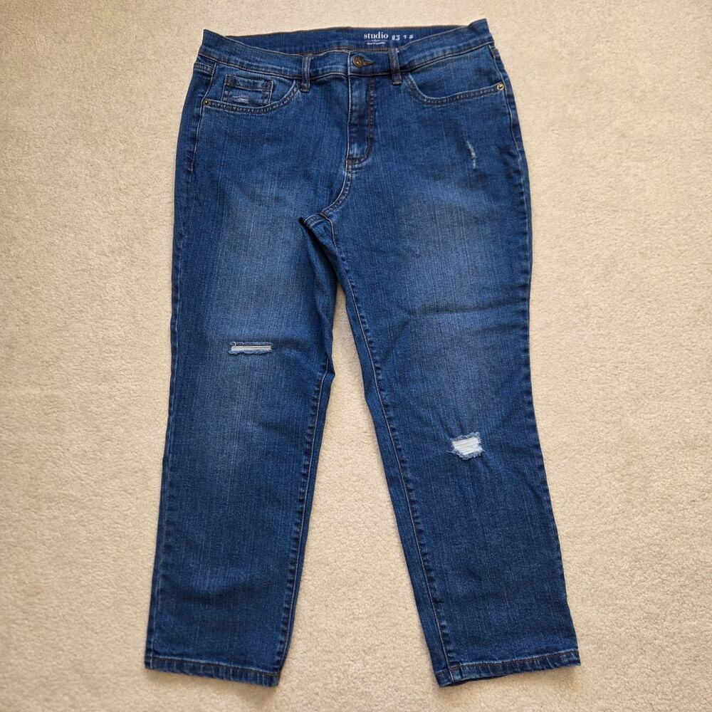 Studio By D&Co 12Petite Distressed Straight Leg Ankle Jeans Medium Blue